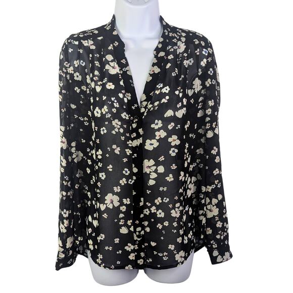 Cabi Blouse Womens Small Sheer Dark Floral Black White Pink Long Sleeve V-Neck - Picture 1 of 9